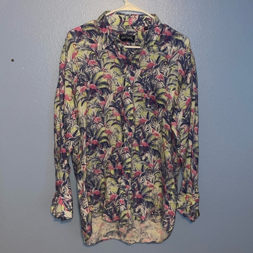 Michael’s 100% Linen Flamingo Tropical Long Sleeve Shirt / medium. B3